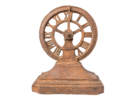 a rusty clock with roman numerals