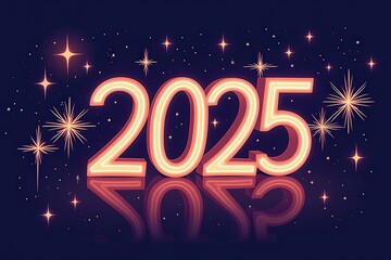 Celebrate the Future with Style: Stunning 2025 Neon Signage against a Dark Blue Night Sky with Sparkling Stars, Perfect for New Year's Eve Decorations, Party Invitations, and Social Media Posts
