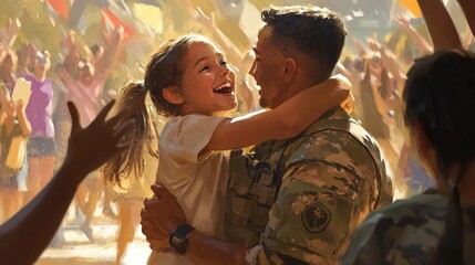 A military father surprises his family at a community event, with friends and neighbors cheering.
