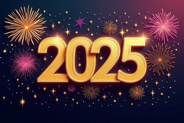 Celebrate the New Year 2025 with Golden Fireworks and Sparkling Stars, Perfect for Greeting Cards, Invitations, and Social Media Posts