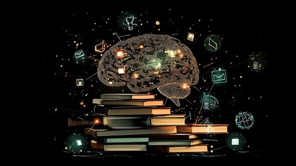 Obraz premium Digital brain surrounded by books and illuminated data symbols, signifying the technological revolution in education