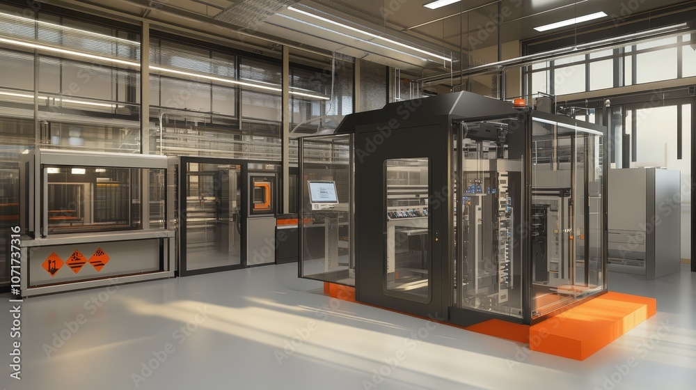 Poster a near-future factory that operates entirely with automation and 3d printing, producing custom-made 