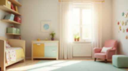 Fototapeta premium Blurred image of a bright children's room with colorful tones and sunlight from the window