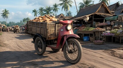 Obraz premium Red cargo tricycle parked near a bustling rural market showcasing vibrant stalls in the morning light