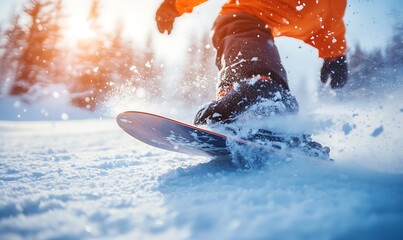 Fototapeta premium A snowboarder carving through fresh snow in a winter landscape.