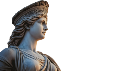 A close-up of a classical statue representing wisdom, with a dramatic sky in the background.