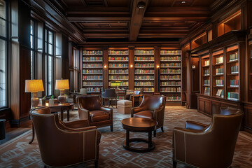 Quiet library with tall bookshelves, leather armchairs, and soft lighting. Generative AI