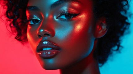 Woman with a red background and a red and blue color scheme. She has a red and blue hair color