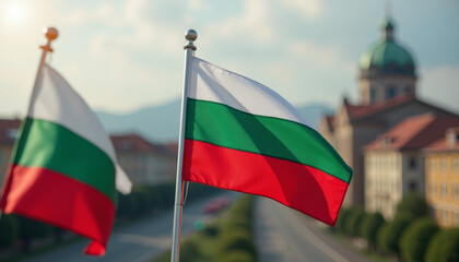 Bulgarian Flag Fluttering High Above the City