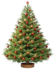 3D Christmas Tree Decorated with Red Balls and Garland, Evergreen Plant Isolated on White or Transparent Background for Festive New Year Celebration
