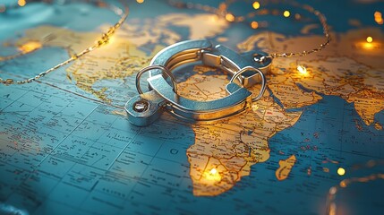 A silver metal object is placed on a map of the world