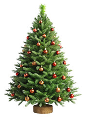 Fototapeta premium 3D Christmas Tree Decorated with Red Balls and Garland, Evergreen Plant Isolated on White or Transparent Background for Festive New Year Celebration
