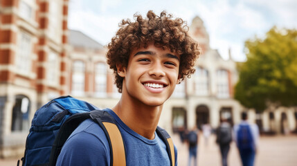 Naklejka premium Smiling mixed-race young man with curly hair, backpack on his shoulder, radiating optimism and enthusiasm as a foreign exchange student experiencing the adventure of studying abroad