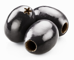 Three black pitted olive berries isolated on white background. File contains clipping paths.