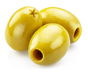 Three green pitted olive berries isolated on white background. File contains clipping paths.
