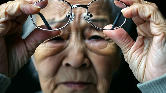 Elderly Woman with Vision Problems Struggles with Discomfort