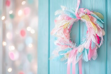 Pastel feather wreath on turquoise door with soft bokeh background