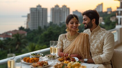 A newlywed Indian couple holds each other in a restaurant on the open veranda