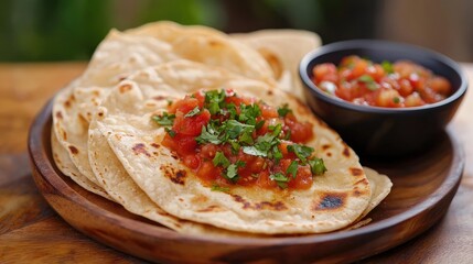 Freshly Made Tortillas Served with Homemade Salsa and Chopped Cilantro on a Wooden Plate, Perfect for Tacos or a Flavorful Snack Experience
