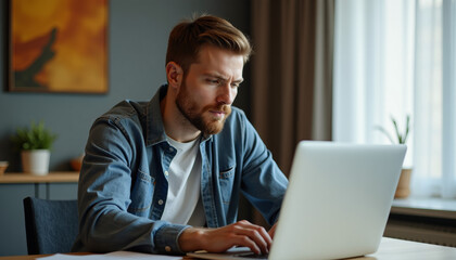 Fototapeta premium Focused Man Working on Laptop