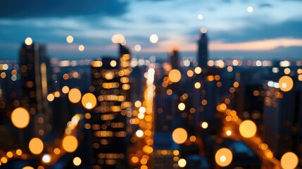 Obraz premium Blurred Cityscape at Twilight with Dazzling Bokeh Lights Reflecting Urban Vibes and Twilight Colors in a Modern Metropolitan Environment