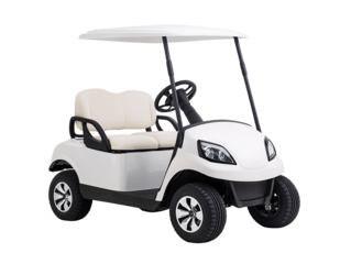 a white golf cart with a white cover