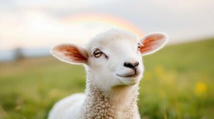 Fototapeta premium Cute and Playful Young Lamb on a Green Pasture Under a Colorful Rainbow in the Background Capturing the Essence of Spring and Nature's Beauty