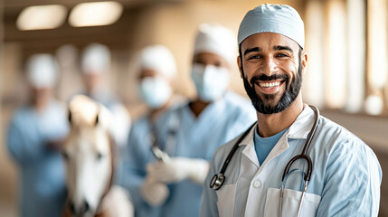 Veterinary team working on horse in stable, showcasing dedication and care. smiling veterinarian highlights importance of animal health and teamwork