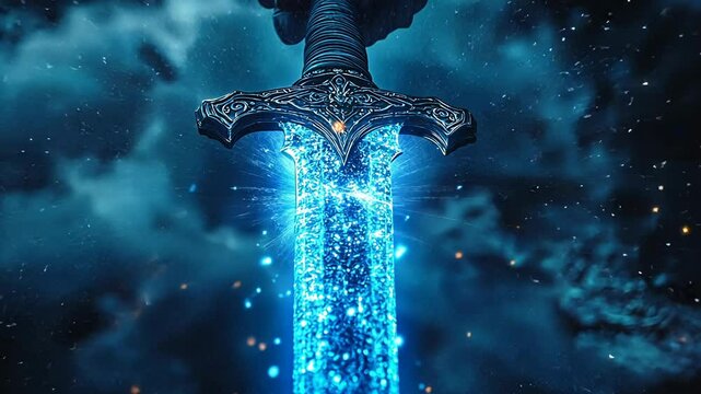 Low angle static shot: A warrior holds a glowing sword in a dark and stormy sky.