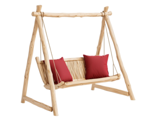 a wooden swing with red pillows