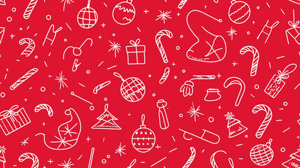 Minimalist Christmas Seamless Pattern with Line Drawings of Ornaments, Santa Hats, Candy Canes, and Gift Boxes on Red or White Background for a Modern Holiday Aesthetic