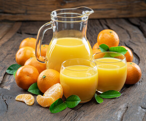 Orange tangerine fruits and fresh tangerine juice on dark wooden background.