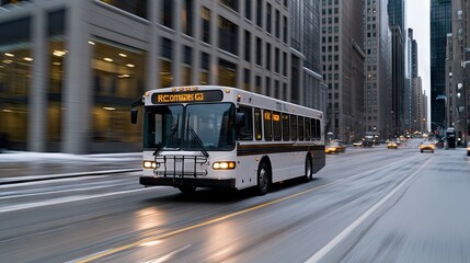 Fototapeta premium A white shuttle bus glides through a bustling business district under morning light, framed by towering skyscrapers and a sleek city backdrop