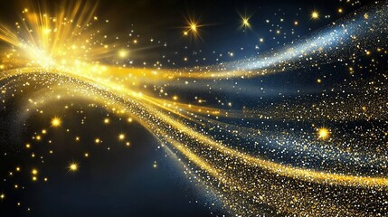 Fototapeta premium Golden glittering starry dust trail with magical bokeh lights on a dark background, perfect for festive holiday designs such as Christmas or New Year. This luxurious sparkling element adds elegance an