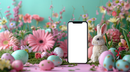 Generative AI. Screen template.  Mobile phone screen layout template, on Easter background. Easter background, Easter eggs, spring flowers, Easter bunny 
