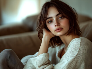 Young woman gazing thoughtfully while resting on a cozy sofa, bathed in soft natural light, exuding beauty and calm