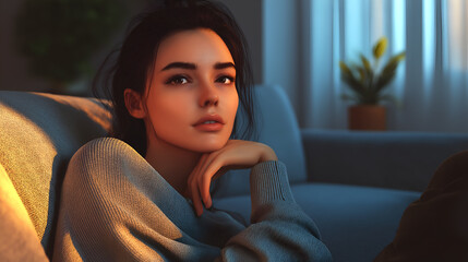 Fototapeta premium Young woman sitting thoughtfully on a couch, illuminated by soft evening light, lost in contemplation in a cozy living room