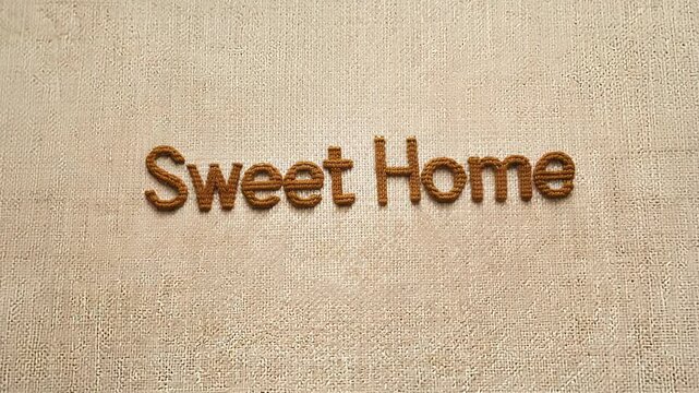 Zooming out video of "sweet home" needlepoint on cream fabric with soft light, establishing scene