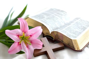 A book with a pink flower and a cross on it