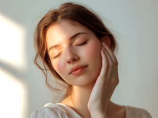 Young woman gently touching her face in soft natural light, exuding tranquility and self-care in a serene setting
