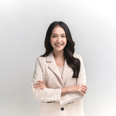 Studio portrait photo of young beautiful Asian woman in formal suit dressing with confident and luxury looking and attractive on white background studio shot.