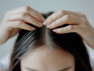Naklejka premium Close-up of hands inspecting and parting hair to address hair thinning or scalp issues, focusing on a beauty routine for self-care