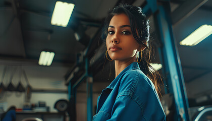 Female auto mechanic repairing, maintaining car. Beautiful woman working in a garage, wearing blue coveralls