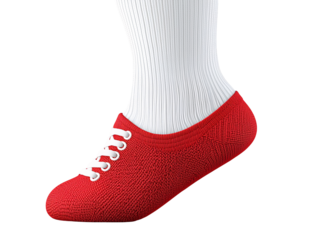 a red shoe with white sock