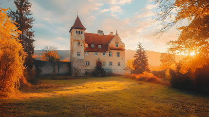 Obraz premium A Stone Castle Stands Tall Among Autumn Foliage, Bathed in the Golden Glow of Sunset