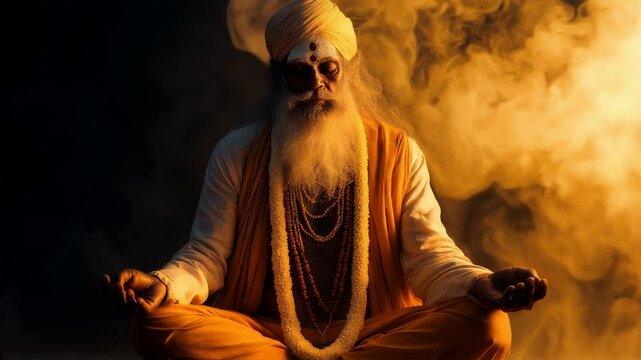 Wise yogi in meditation with mystical ambiance and warm light