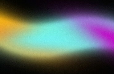 Dark glowing color wave grainy backdrop design. Abstract purple orange blue black color on dark, wave shaped, vibrant color flow, curved gradient, noise texture background, empty space