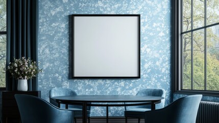 Modern minimalist restaurant design, with a light blue floral wallpaper as the background and a simple black framed canvas as the central focus. Equipped with blue chairs and fresh floral vases