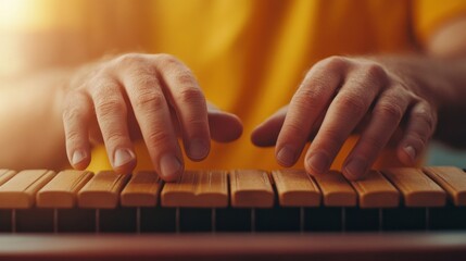 Fototapeta premium A close-up shot of hands typing on a wooden keyboard, showcasing focus and creativity in an inviting, warm environment.