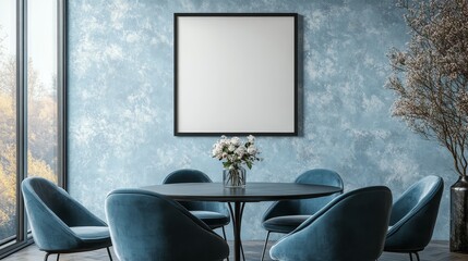 Modern minimalist restaurant design, with a light blue floral wallpaper as the background and a simple black framed canvas as the central focus. Equipped with blue chairs and fresh floral vases